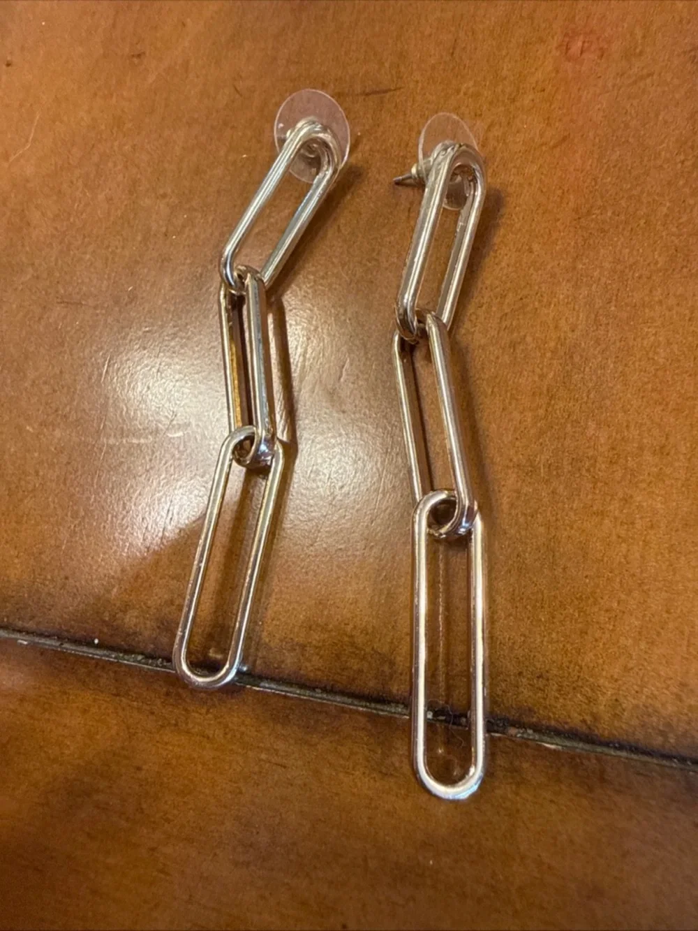 Gold Tone Paperclip Style 3 Link Post Earrings - Picture 2 of 5